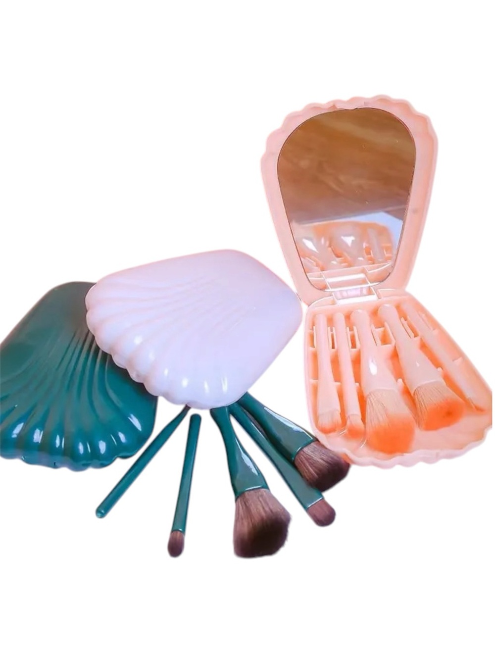 Shell Travel Makeup Brush Set with Mirror in White, Pink, or Green